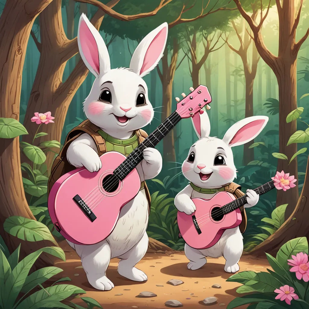 a couple of rabbits playing guitar in the woods with flowers and trees behind them, while another rabbit plays the guitar, furry art, a storybook illustration, Diego Gisbert Llorens, official art