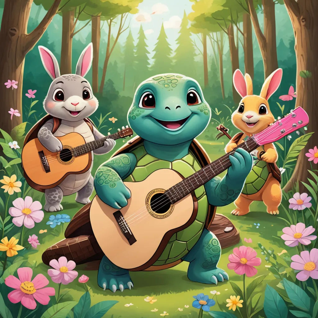 a turtle playing a guitar and a rabbit playing a guitar in the woods with flowers and rabbits playing the guitar, sots art, a storybook illustration, Chris LaBrooy, promotional image