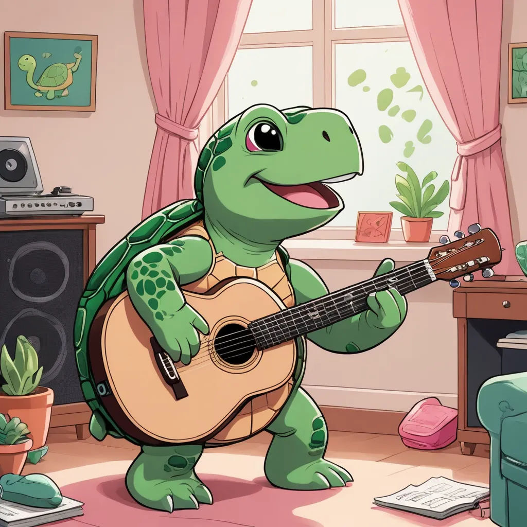 a turtle playing a guitar in a room with a window and a plant in the corner of the room, sots art, a storybook illustration, Chris LaBrooy, official art