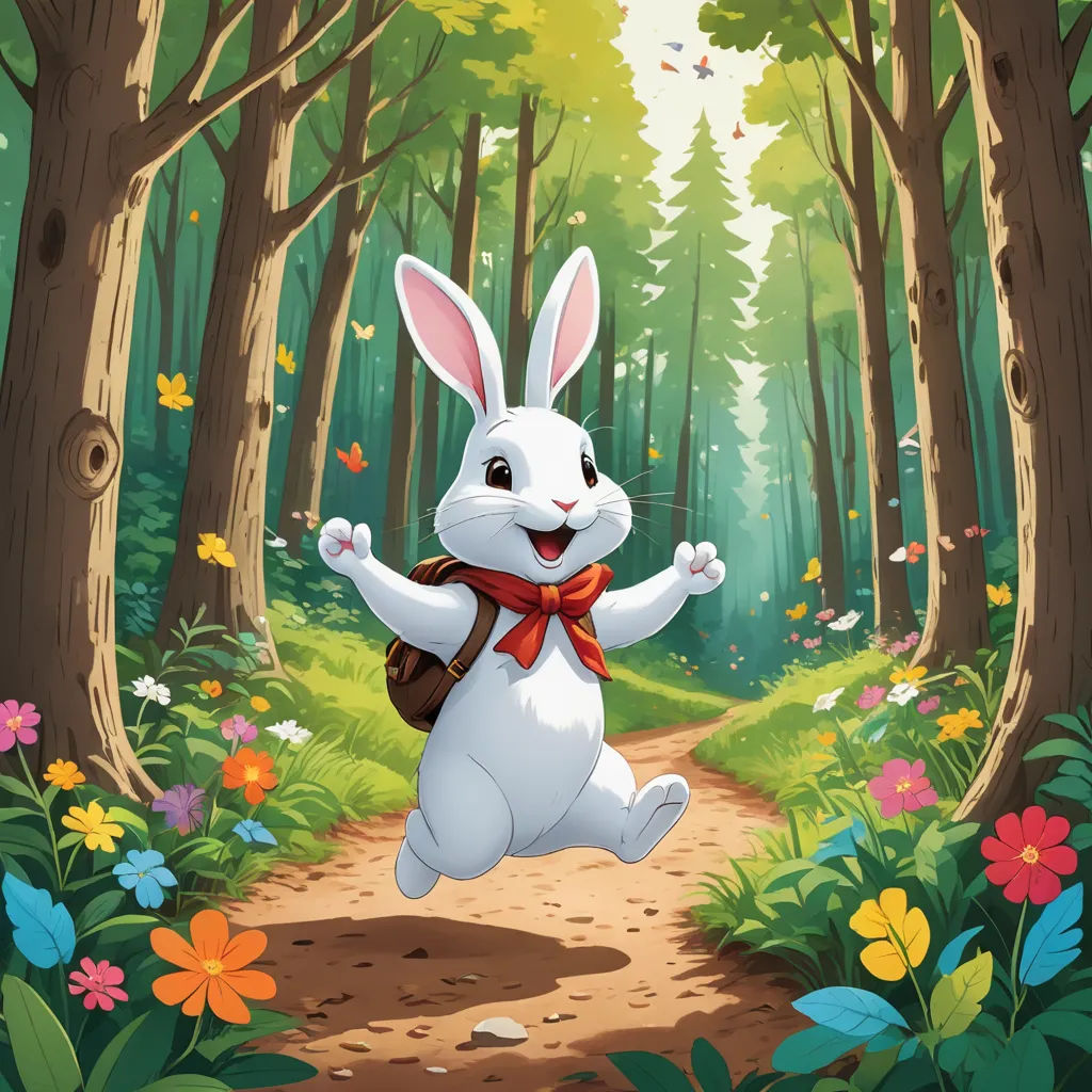 a cartoon bunny is running through a forest with flowers and butterflies around him and a backpack on his back, furry art, a storybook illustration, Beatrix Potter, official art