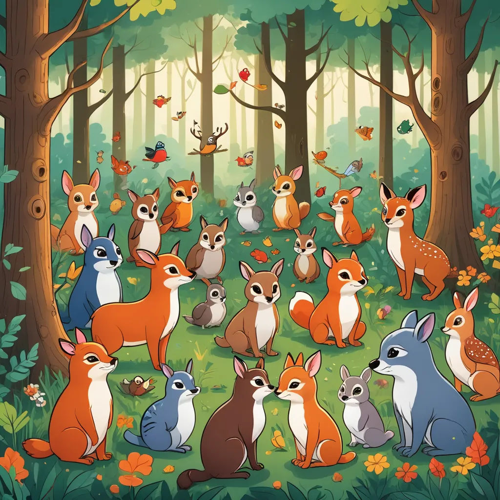a painting of a forest with many different animals in it's habitat, including a deer, a fox, and a deer, furry art, a storybook illustration, Claire Hummel, furaffinity