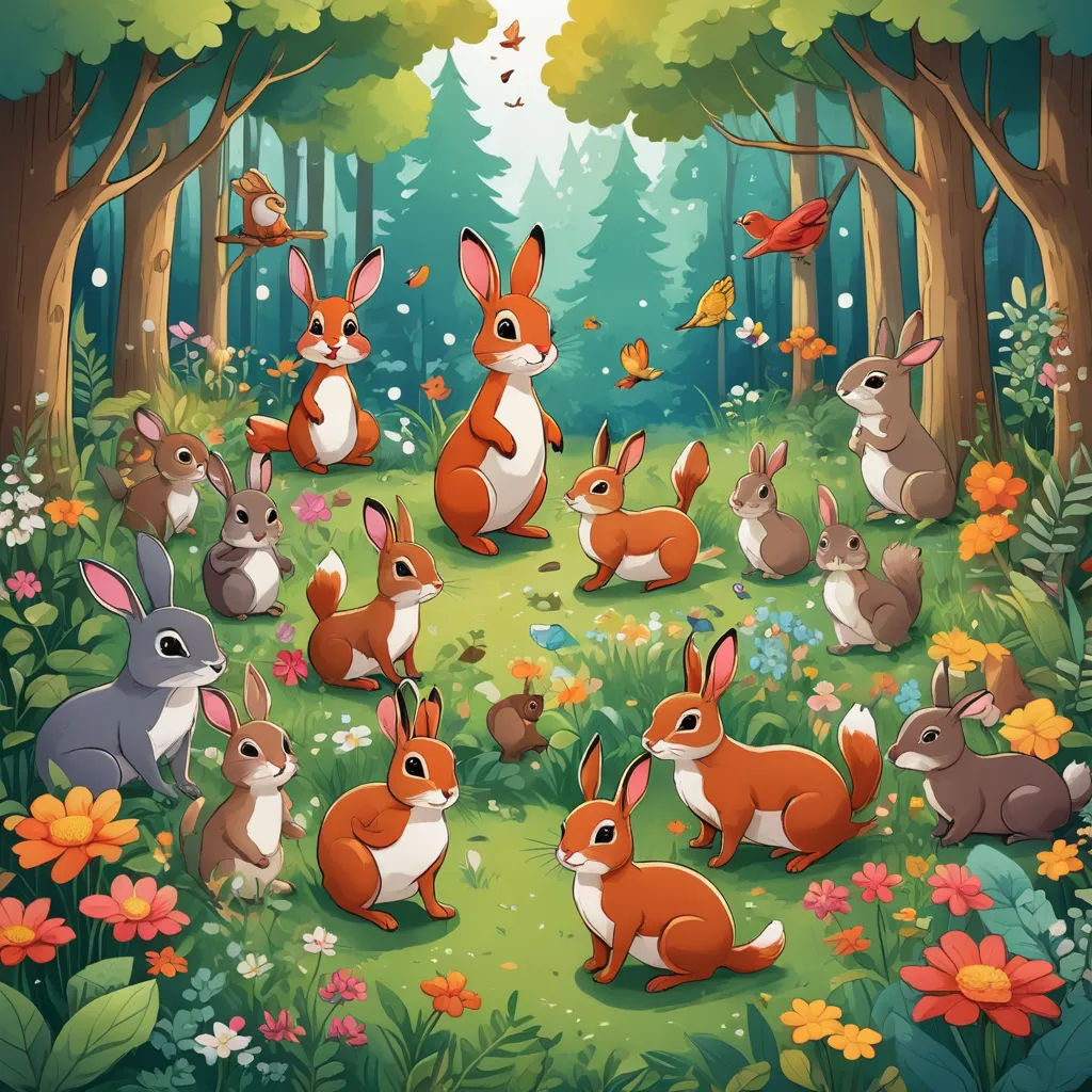 a group of rabbits in the forest with birds and flowers around them illustration by alex macinne for the children's book, furry art, a storybook illustration, Chris LaBrooy, game art