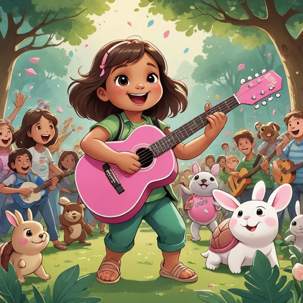 a girl playing a guitar in front of a group of children in the woods with a pink guitar in her hand, furry art, a storybook illustration, Ella Guru, promotional image