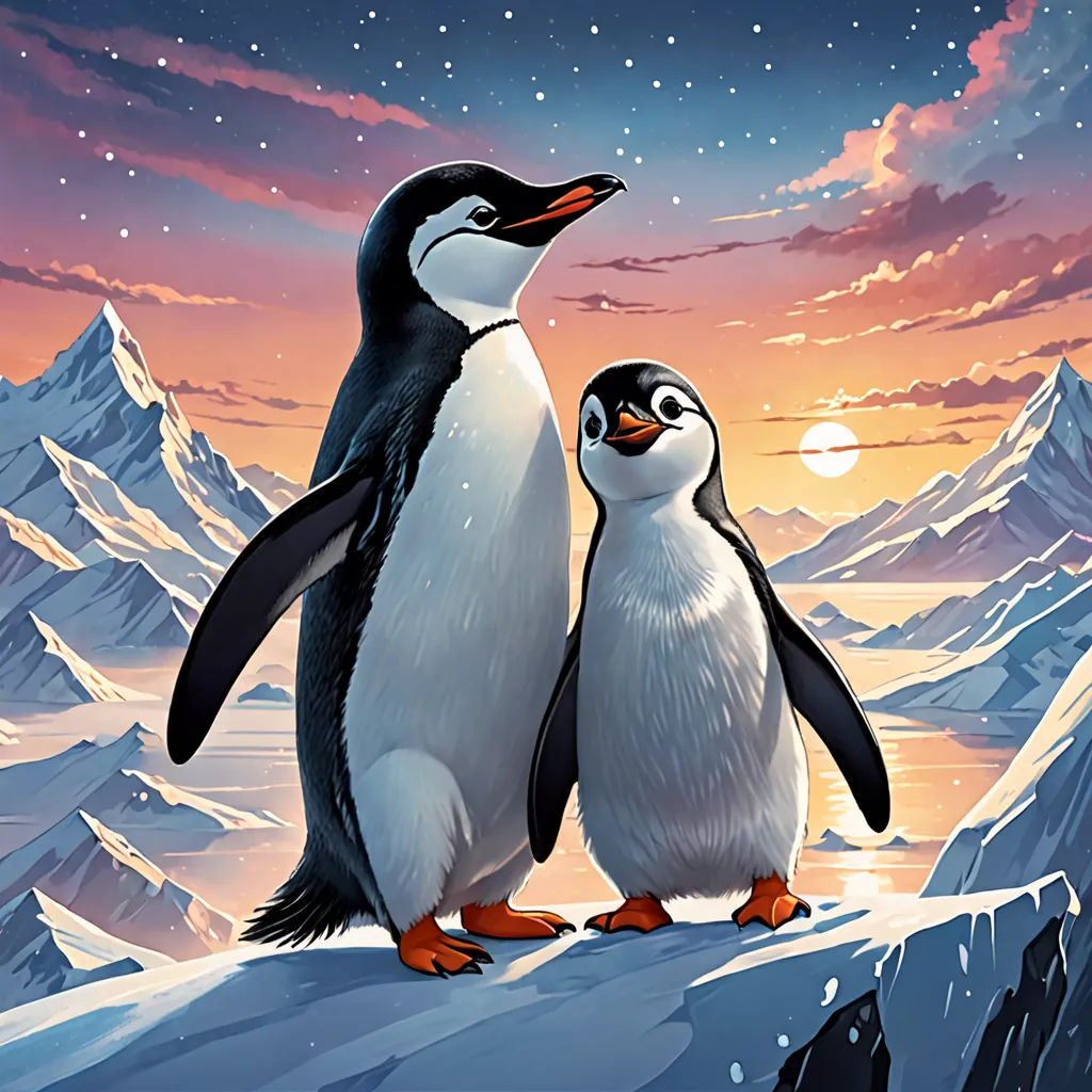 two penguins standing on a snowy mountain at night with a full moon in the background and a mountain range in the foreground, space art, a storybook illustration, Cliff Childs, official art