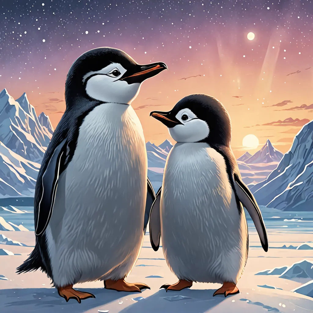 two penguins standing next to each other on a snow covered ground with mountains in the background and a full moon in the sky, space art, a storybook illustration, Cliff Childs, official art