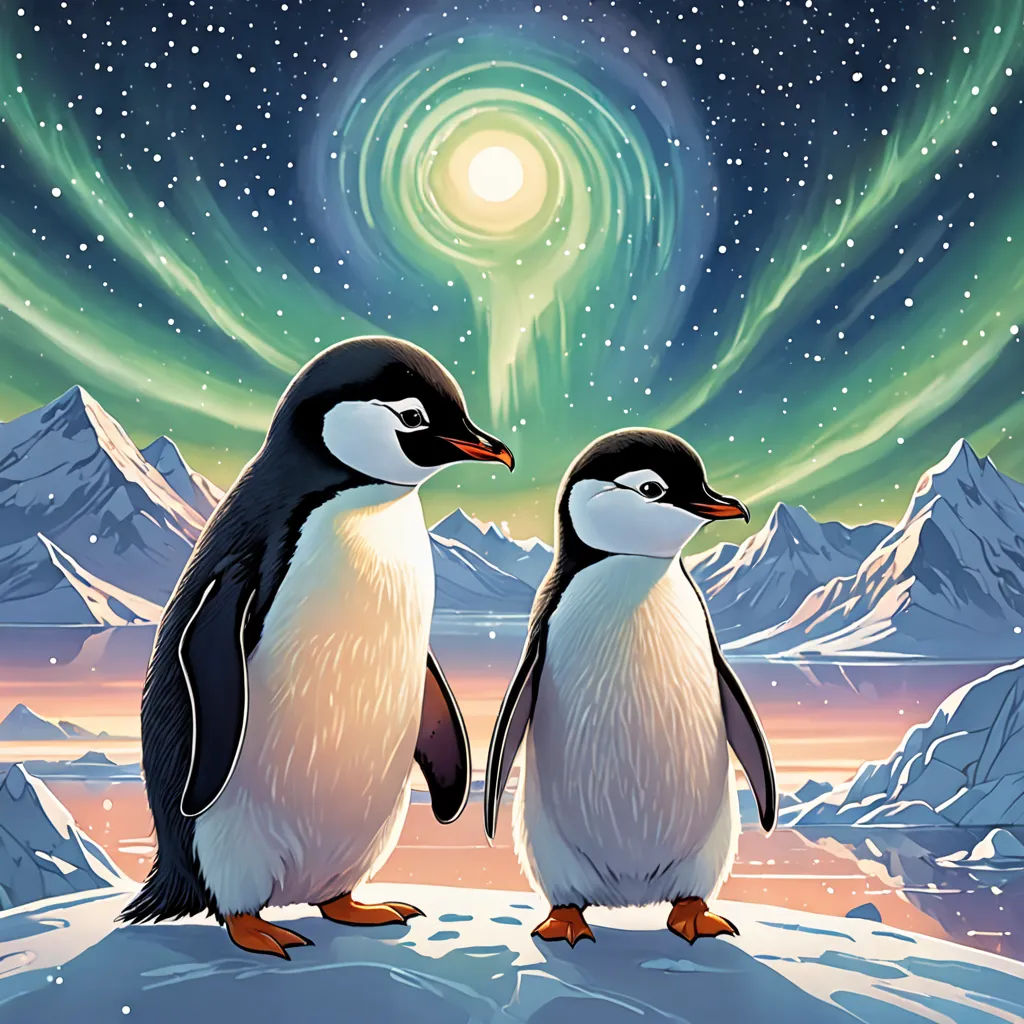 two penguins standing on a snowy hill with a star filled sky in the background and a green light in the sky, space art, a storybook illustration, Chris LaBrooy, official art