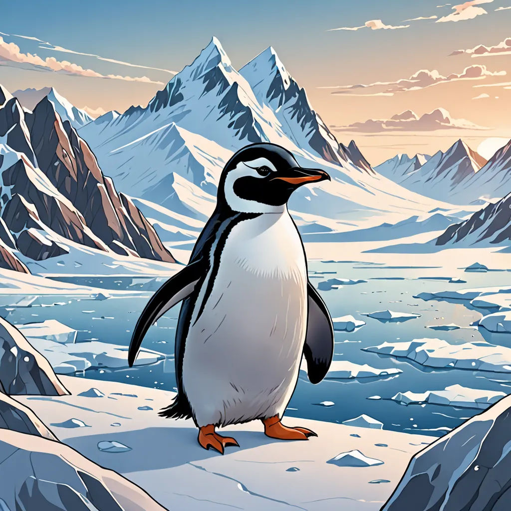 a penguin standing on a snowy mountain with mountains in the background and a lake in the foreground with a mountain range in the background, space art, a comic book panel, Cliff Childs, official art