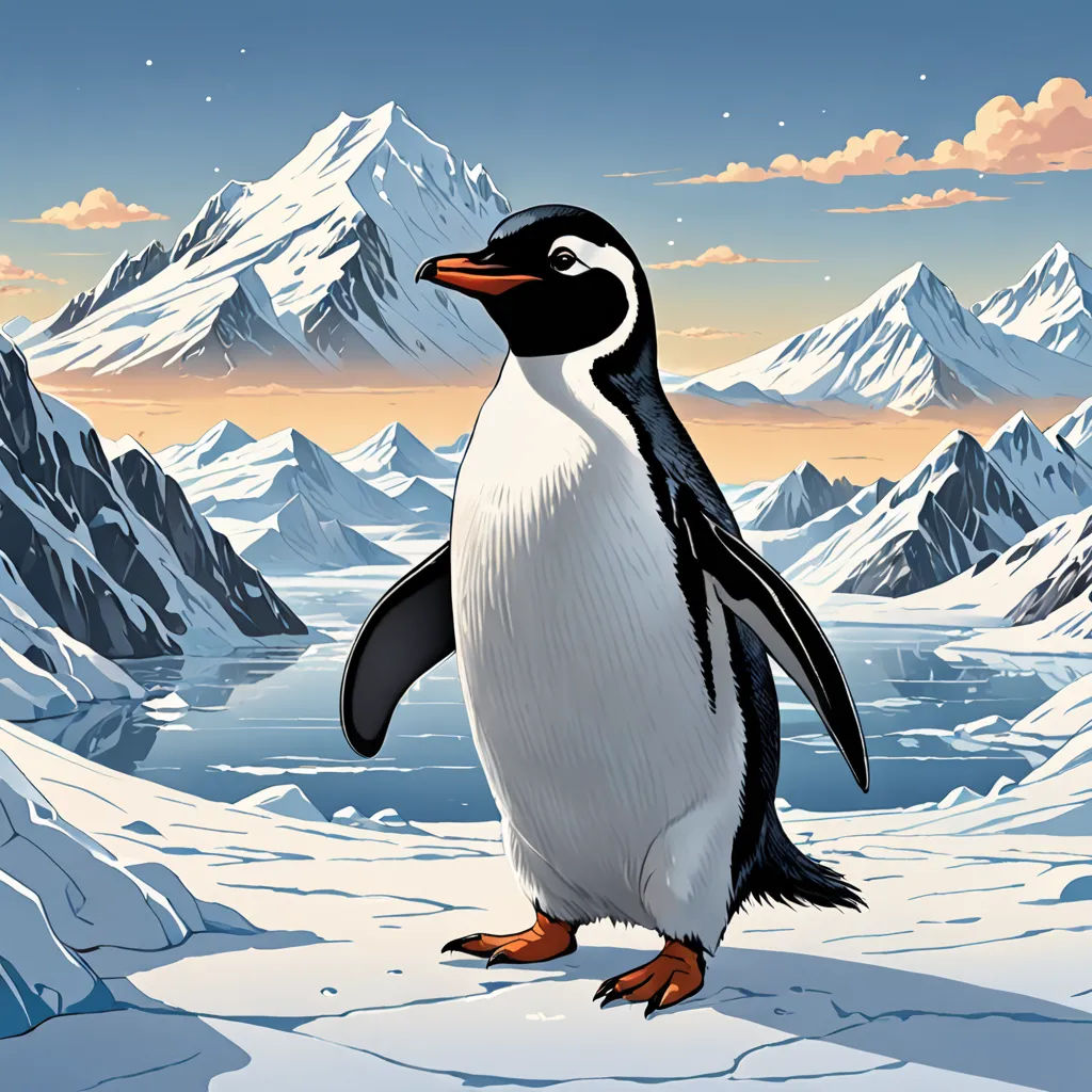 a penguin standing on a snowy hill with mountains in the background and a lake in the foreground with a bird on it, environmental art, an illustration of, Chris LaBrooy, official art