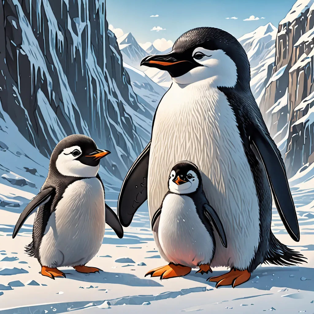 a couple of penguins standing next to each other on a snow covered ground with a mountain in the background, fantasy art, a digital painting, Cliff Childs, official art