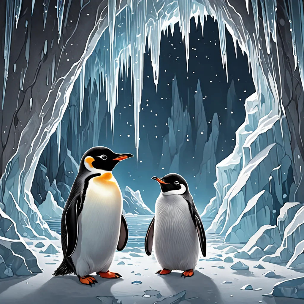 two penguins standing in front of a cave with ice formations and icicles on the ground and a snow covered ground, space art, a storybook illustration, Cliff Childs, official art