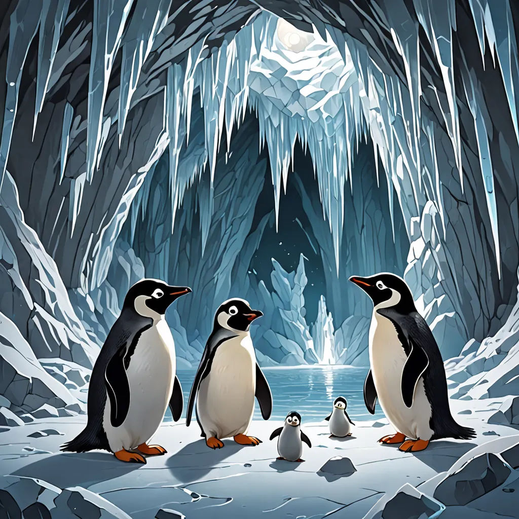 three penguins are standing in a cave with ice formations and a small penguin is standing in the middle of the cave, space art, a storybook illustration, Cliff Childs, official art