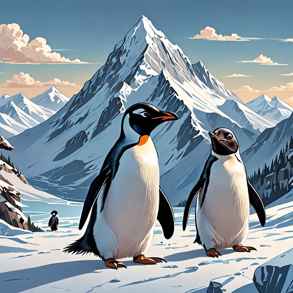 two penguins standing in the snow with mountains in the background and a sky with clouds in the background, and a few people in the foreground, photorealism, a detailed matte painting, Brothers Hildebrandt, highly detailed digital painting