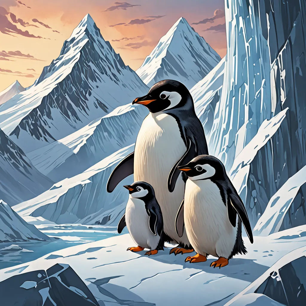 three penguins standing on a snowy mountain with a sunset in the background and a mountain range in the background, environmental art, a storybook illustration, Cliff Childs, official art