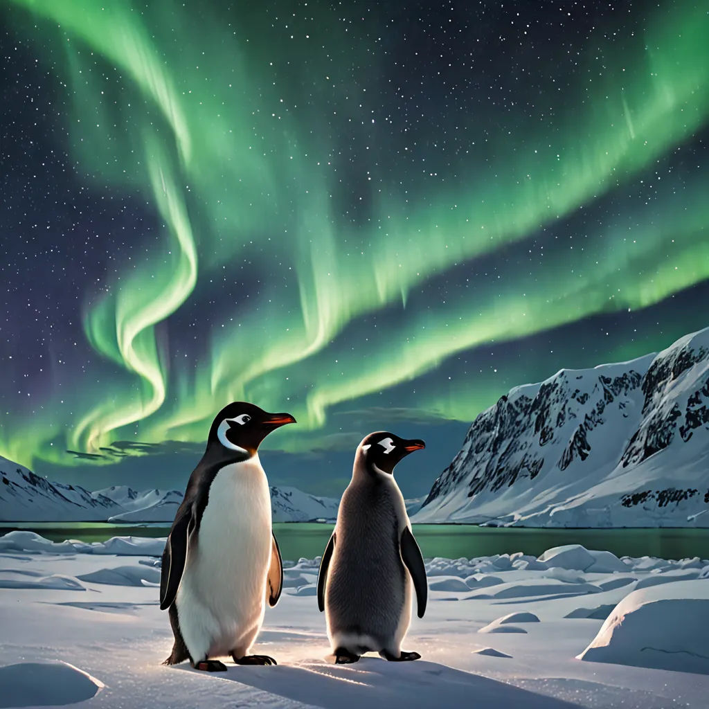two penguins standing in the snow under a green and purple aurora light in the sky above them are snow covered mountains and a body of water, space art, a painting, Carl Critchlow, award-winning photograph