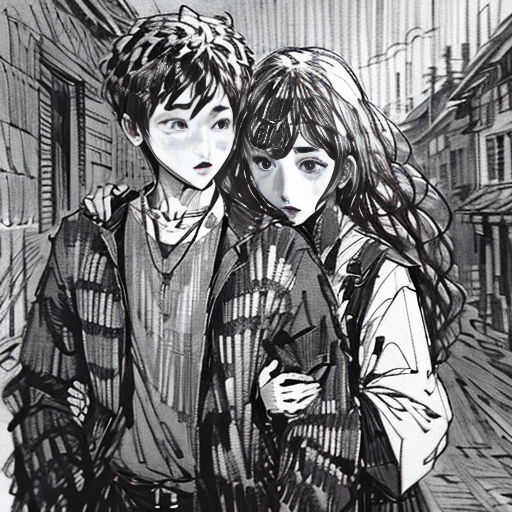 a drawing of two people standing next to each other on a street corner with buildings in the background and a person holding a camera