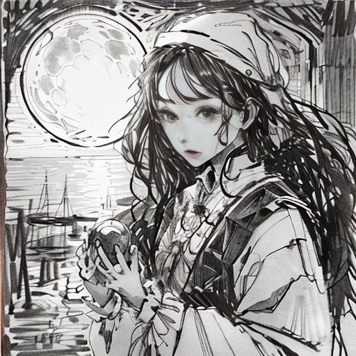 a drawing of a girl with long hair and a hat on her head, standing in front of a cityscape