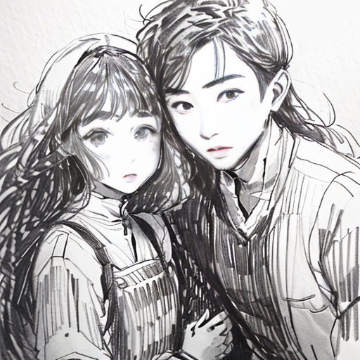 a drawing of two people sitting next to each other on a table with a laptop computer on it and a pen and paper
