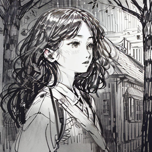 a drawing of a girl standing in front of a tree with a building in the background and a bird flying overhead