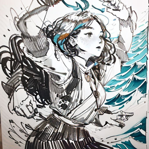 a drawing of a woman with headphones on her head and a bird flying above her head, with a wave in the background