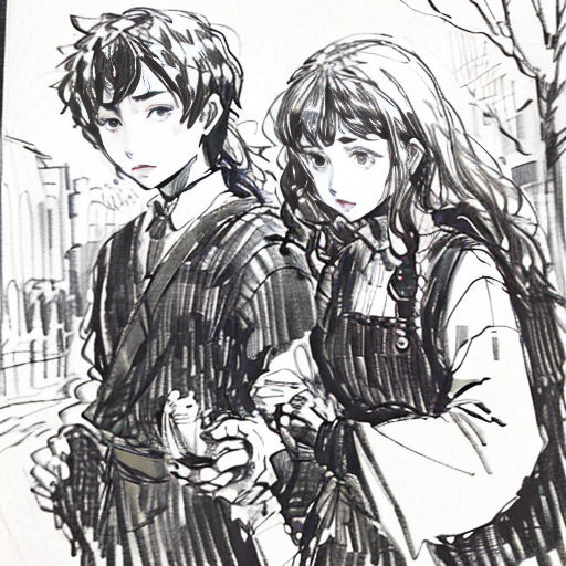 a drawing of two people standing next to each other on a street corner with a tree in the background