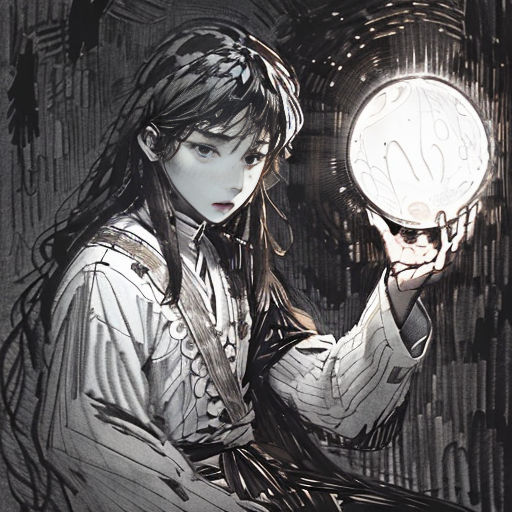 a woman holding a light in her hand in a dark room with a wallpapered background and a black and white drawing of a woman holding a light