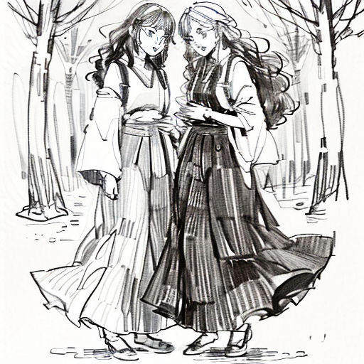 a drawing of two women walking in the snow together, one of them is looking at her phone and the other is looking at her phone