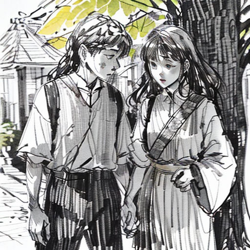 a drawing of two people standing next to each other on a sidewalk with a tree in the background and a building in the background