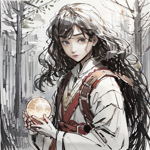 a woman holding a ball in a forest with trees in the background and a man in a white coat
