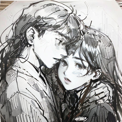 a drawing of a couple hugging each other on a piece of paper with a pen and ink on it