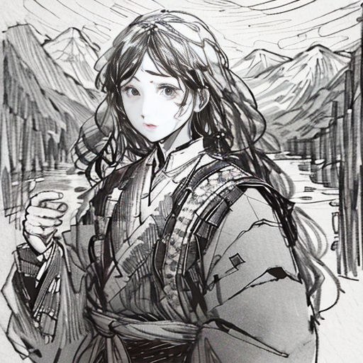 a drawing of a woman holding a umbrella in a snowy landscape with mountains in the background and a mountain range in the distance