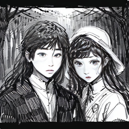 a drawing of two people standing next to each other in the woods, one of them is wearing a hat