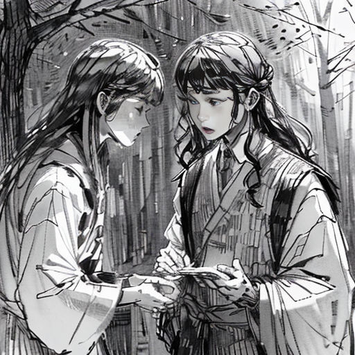 a couple of people standing next to each other in the rain with a cell phone in their hand and a tree behind them