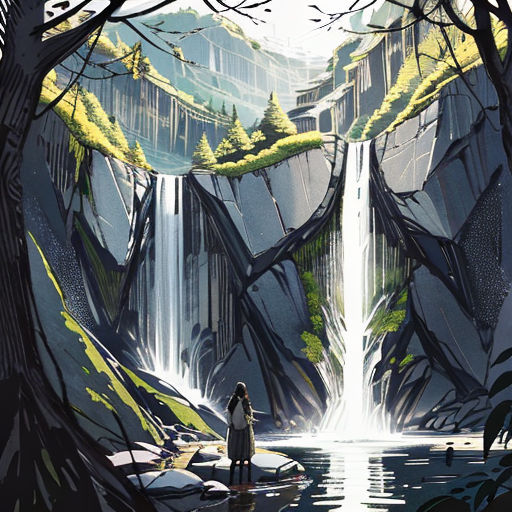 a person standing in front of a waterfall with a waterfall in the background and trees around it, with a waterfall in the foreground
