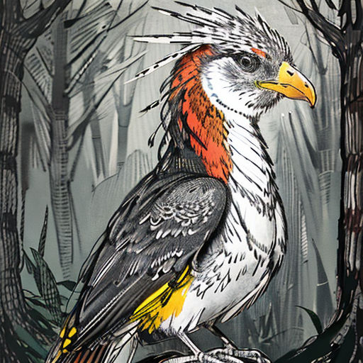a bird with a yellow beak sitting on a branch in a forest with trees and grass, with a gray background