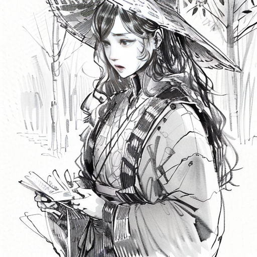 a woman in a hat is standing in the snow with a book in her hand and a book in her hand