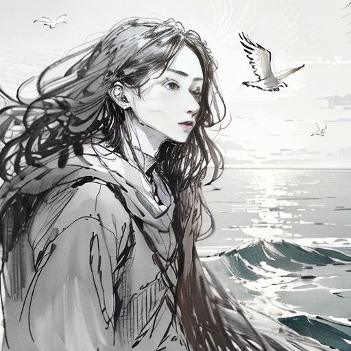 a woman standing on a beach next to the ocean with a bird flying overhead in the sky above her