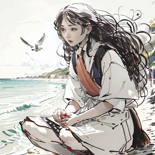 a woman sitting on the beach with a bird flying over her head and a bird flying over her shoulder