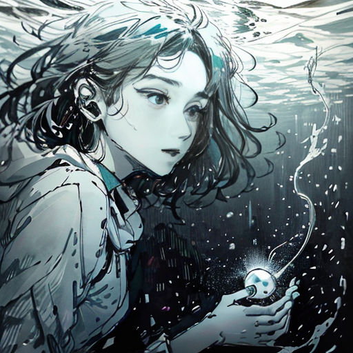 a girl holding a cell phone under water with bubbles and bubbles around her head, and a light shining on her