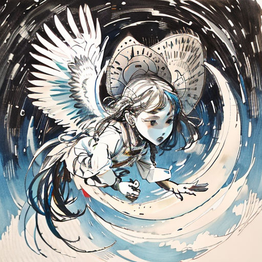 a drawing of a girl with wings flying through the air with a white dress on her body and a blue background