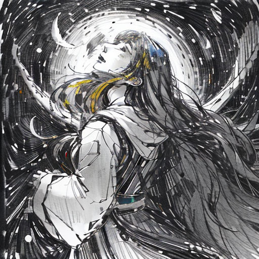 a drawing of a woman with long hair and a white dress with a yellow ribbon on her head and a black and white background