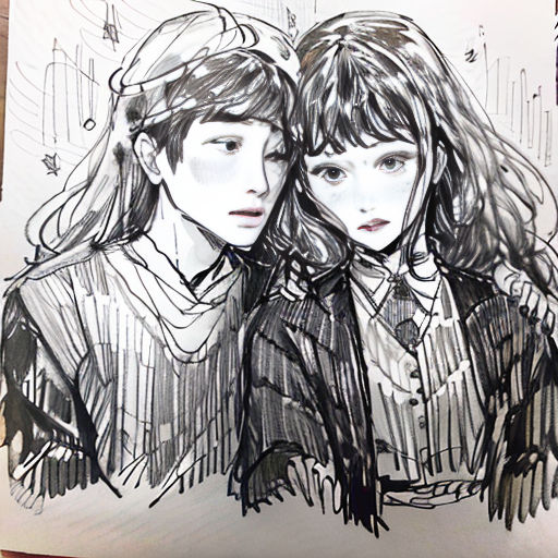 a drawing of two people with long hair and a hat on their heads, one of them is looking at the camera