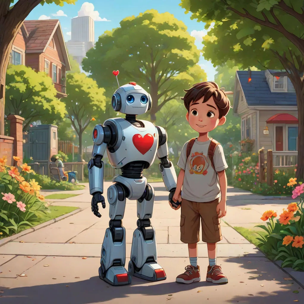 a boy standing next to a robot on a sidewalk in a neighborhood with houses and trees in the background, les automatistes, a storybook illustration, Adam Rex, promotional image