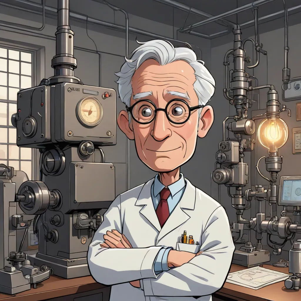 a cartoon of a man in a lab coat and glasses standing in front of a machine room with a light bulb, rayonism, a character portrait, Cliff Childs, official art