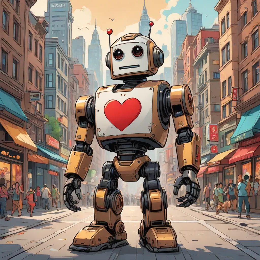 a robot with a heart on its chest standing in the middle of a city street with people walking by, les automatistes, a comic book panel, Dan Mumford, josan gonzales and dan mumford