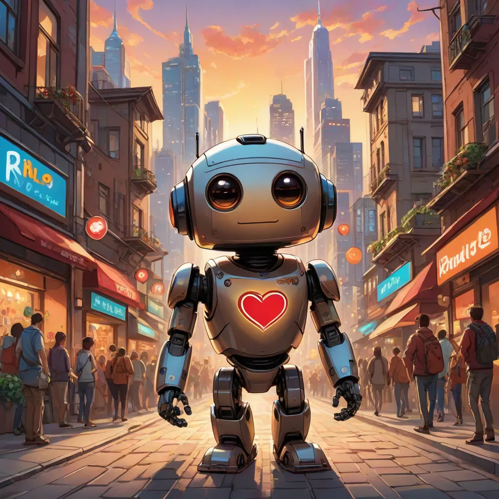 a robot with a heart on its chest standing in a city street with people walking by and buildings in the background, les automatistes, concept art, Chris LaBrooy, rossdraws global illumination