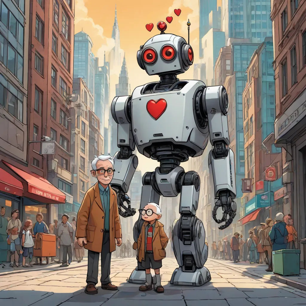 a man and a woman standing next to a robot on a city street with buildings in the background and a heart shaped object on its head, les automatistes, a comic book panel, Aaron Jasinski, official art