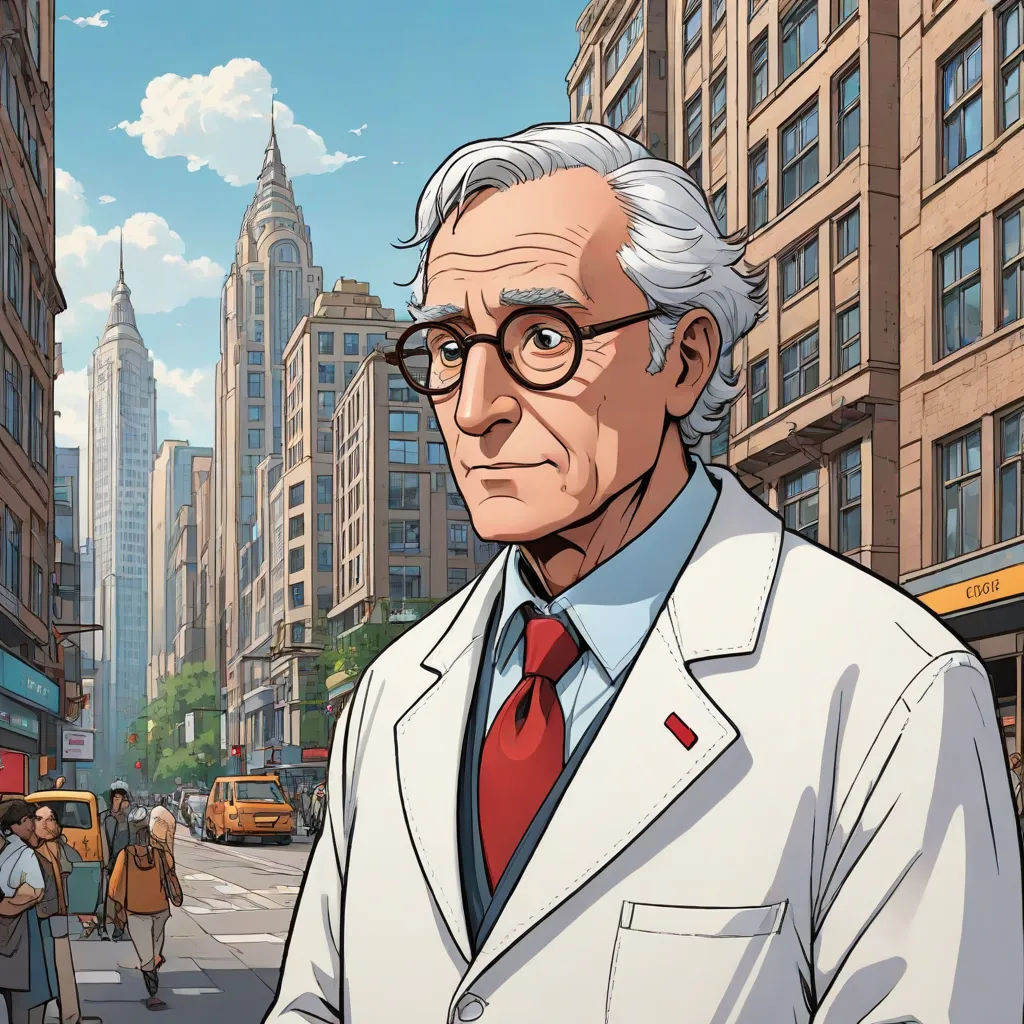 a man in a white coat and red tie standing in front of a city street with tall buildings and a bus, american scene painting, a character portrait, David Brewster, official art