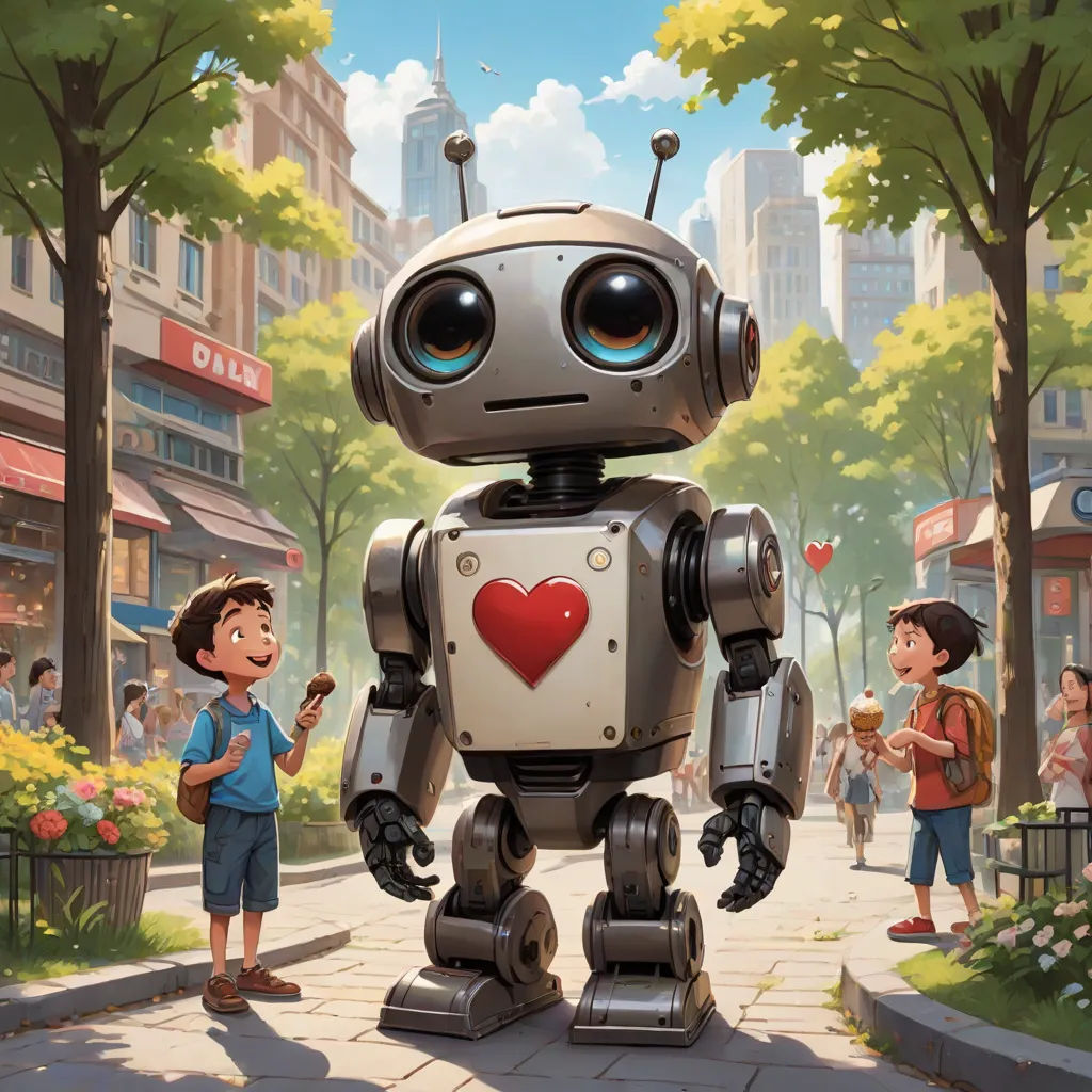 a robot with a heart on its chest standing in front of a man and a woman on a city street, les automatistes, a storybook illustration, Aaron Jasinski, rossdraws global illumination