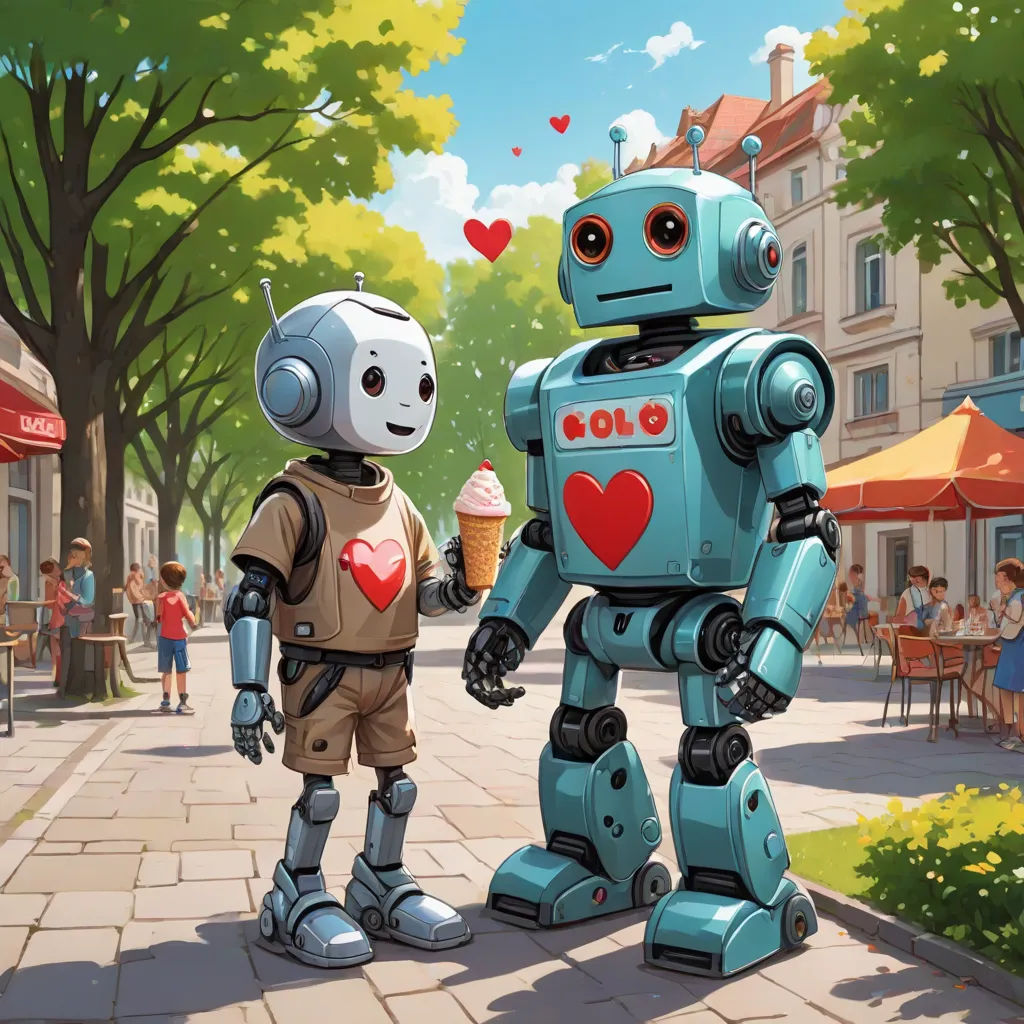 a robot and a robot man are standing on a street corner with a cup of ice cream in hand, les automatistes, a storybook illustration, Chris LaBrooy, official art