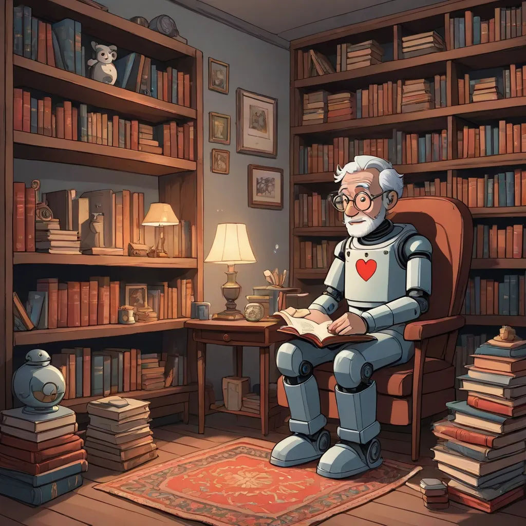 a cartoon character sitting in a chair in a library reading a book and looking at a book in front of him, fantasy art, a storybook illustration, Chris LaBrooy, storybook illustration